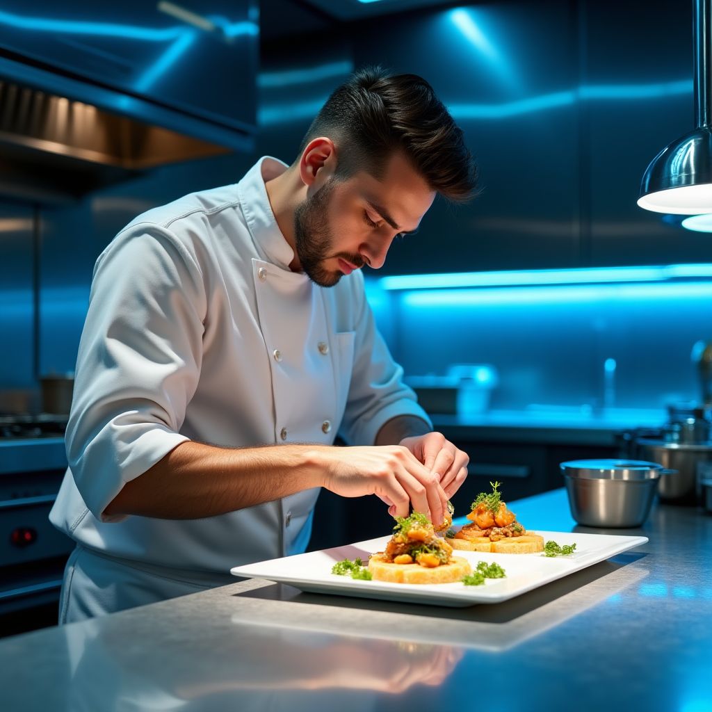 Chef preparando tapas en una cocina moderna.