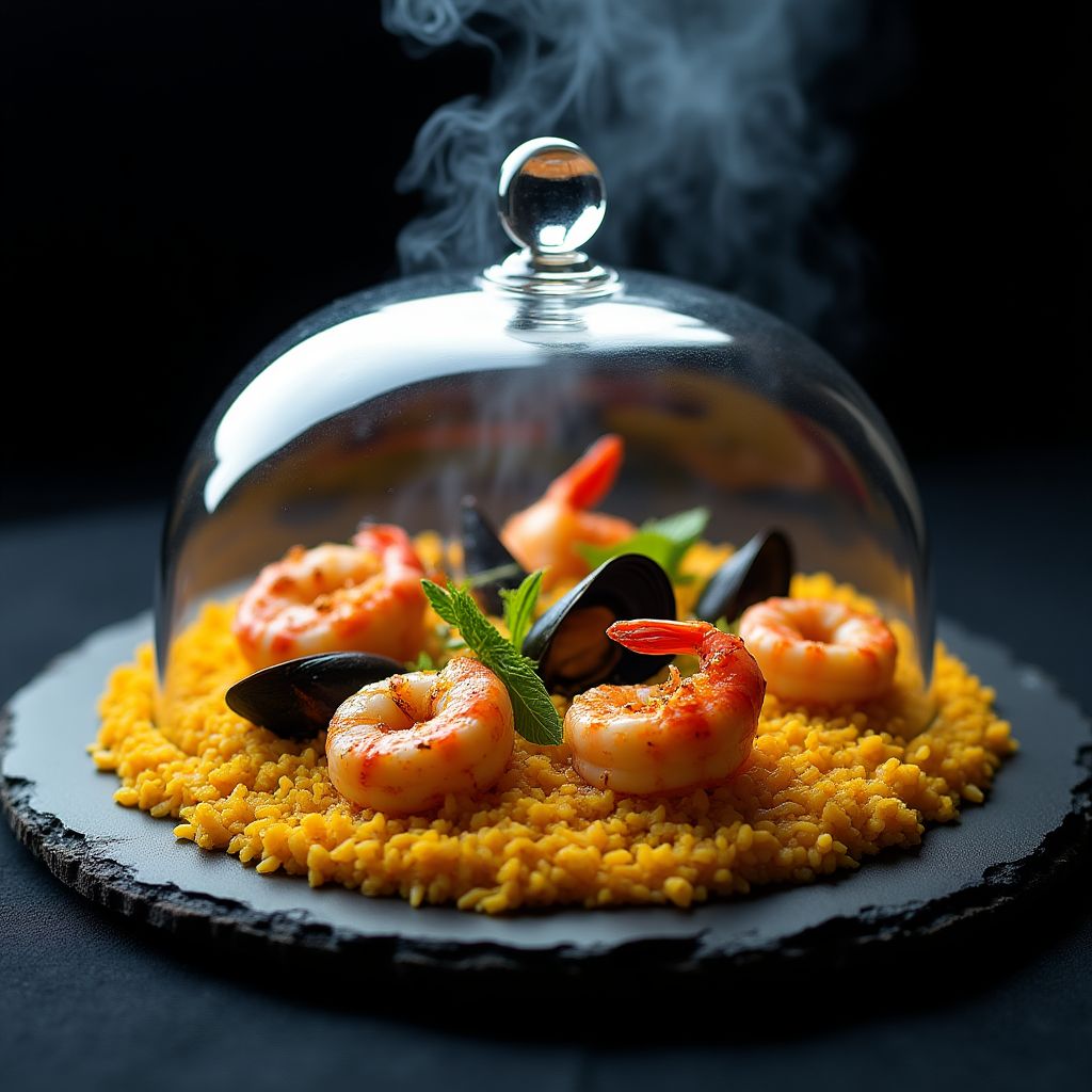 Paella de mariscos con presentación moderna.